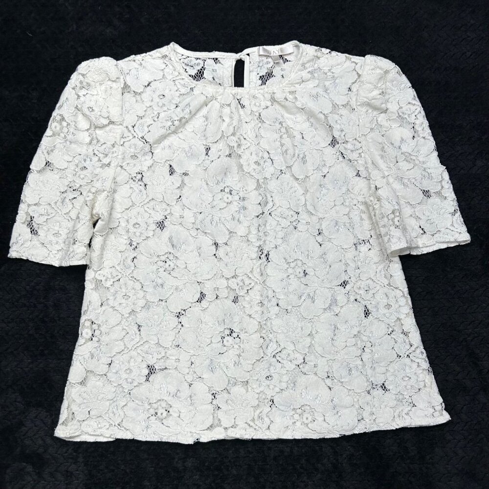 WAYF Women's Lace Puff Sleeve Top L Cream Key Hole Tie Neck - Picture 8 of 16
